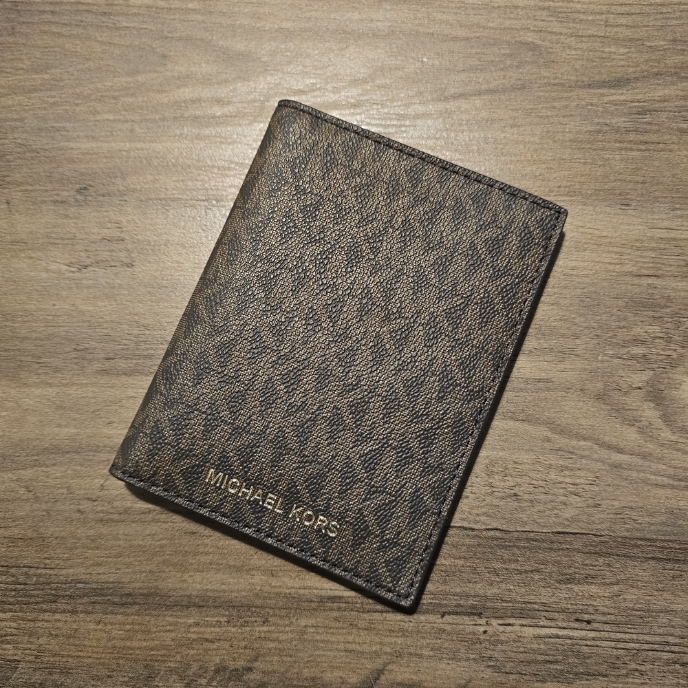 Michael Kors Brown Monogram Card & Passport Cover with Gold Logo